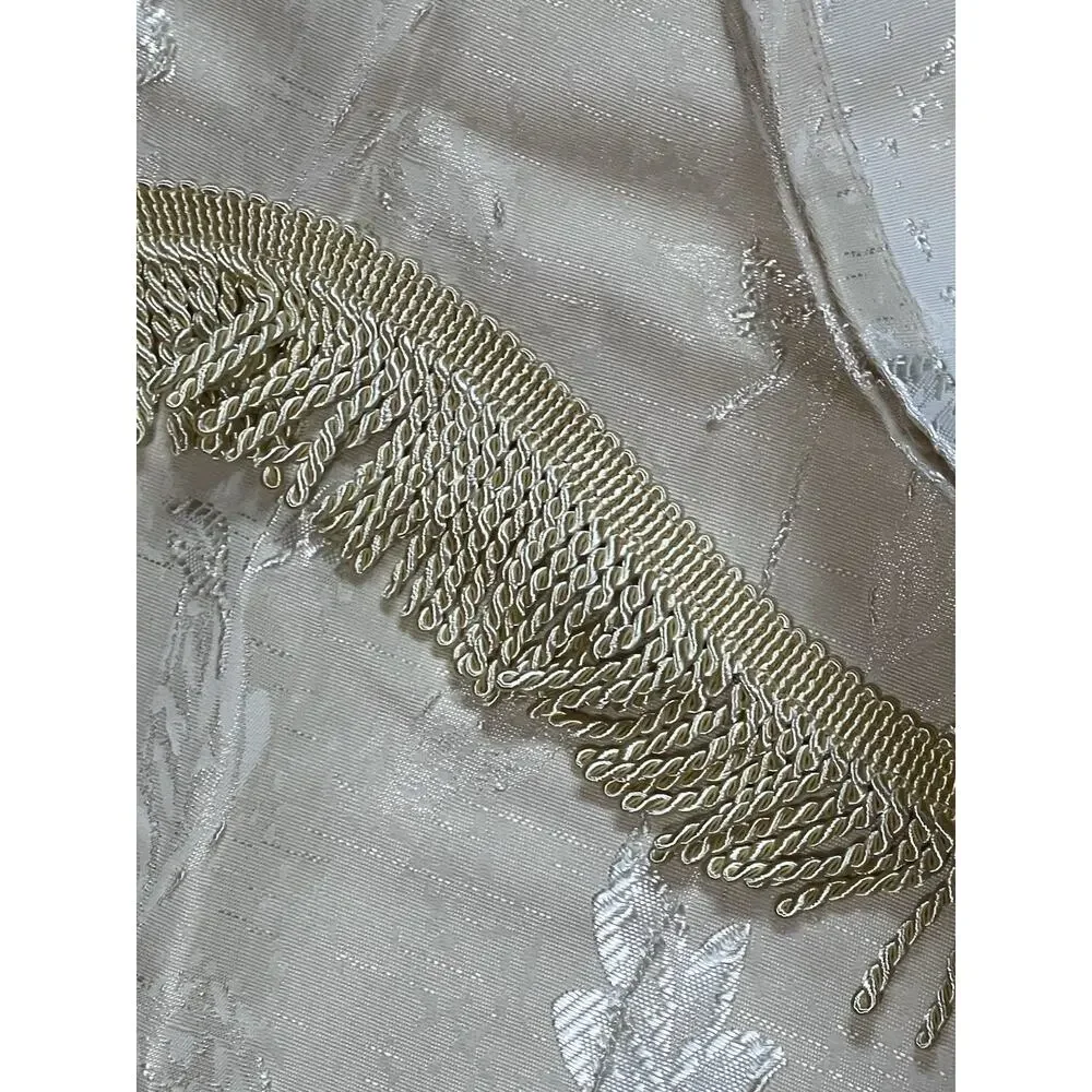 Vtg Damask Floral Jacquard 1 CURTAIN PANEL Ivory Beige attached Fringe Valance